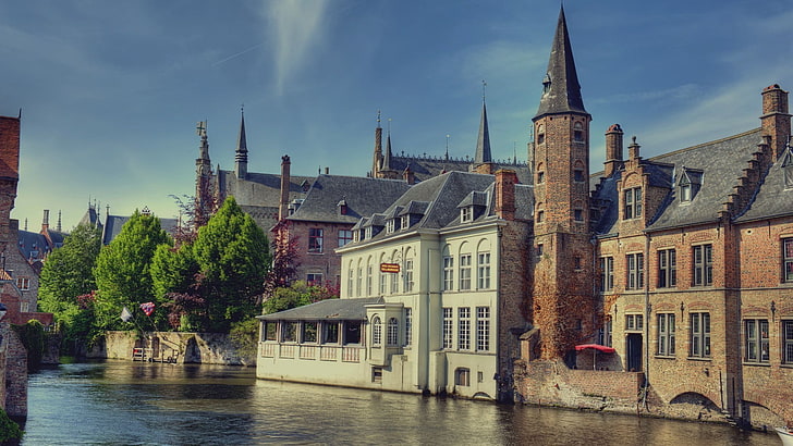 painting of houses beside lake, architecture, building, Bruges, Belgium, town, old building, house, tower, ancient, water, trees, HDR, HD wallpaper