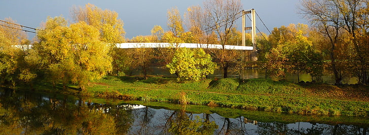 Pont de Vernaison, white suspension bridge, Nature, Rivers, Autumn, River, pont de vernaison, HD wallpaper