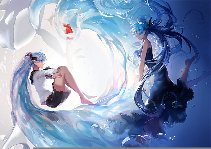 two female anime characters digital wallpaper, fish, bubbles, girls, anime, art, vocaloid, hatsune miku, deep-sea girl, bottle miku, yomi yasuo, HD wallpaper