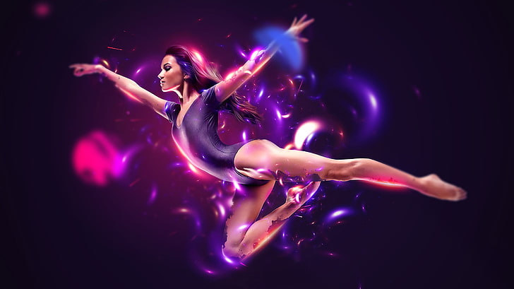 Bodysuit ungu wanita, lampu, abstrak, putih, hitam, terbang, wanita, biru, pink, model, ungu, menari, atlet, begie, Wallpaper HD