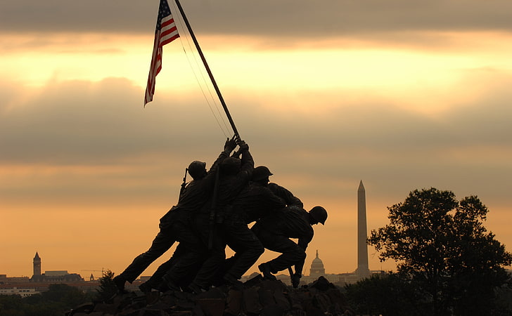 Iwo Jima Memorial ، جنود يمسكون بعمود يحمل خلفية رقمية بعلم الولايات المتحدة الأمريكية ، الجيش ، الولايات المتحدة / واشنطن، خلفية HD