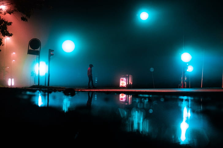 night, traffic signs, reflection, HD wallpaper