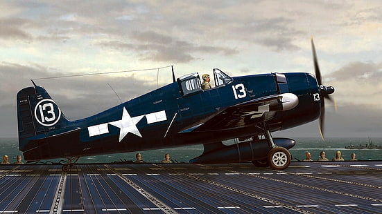 blue biplane painting, figure, art, the carrier, Grumman, Hellcat, carrier-based fighter, F6F, HD wallpaper HD wallpaper