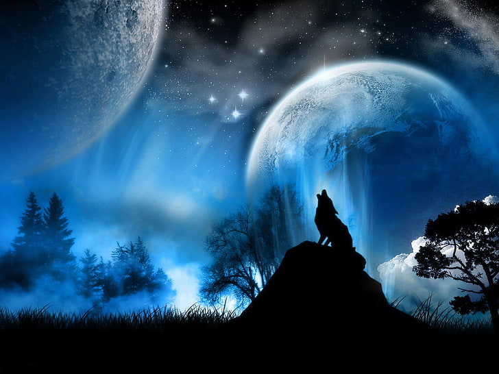 animals, blue, howling, illustrations, Moon, wolf, wolves, HD wallpaper