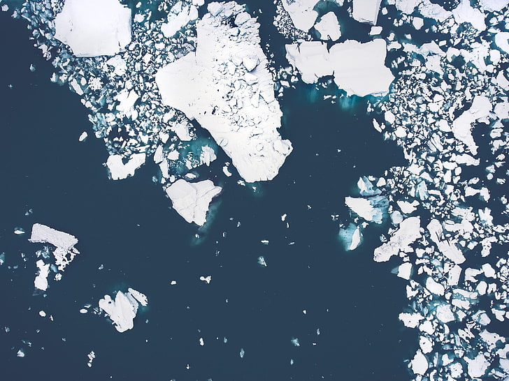 серый и черный абстрактные обои, природа, пейзаж, зима, плавающие, ледники, айсберг, вид с воздуха, дрон, Антарктида, лед, белый, синий, HD обои