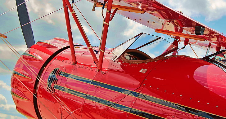 czerwony samolot mono, waco, ymf-5c, samolot, dwupłatowiec, kokpit, Tapety HD