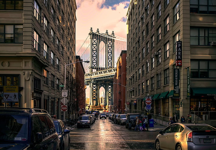 Jembatan Brooklyn, New York, Kota New York, jembatan, arsitektur, jalan, perkotaan, AS, mobil, bangunan, Wallpaper HD
