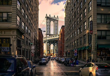 Brooklyn Bridge, New York, New York City, bridge, architecture, street, urban, USA, car, building, HD wallpaper HD wallpaper