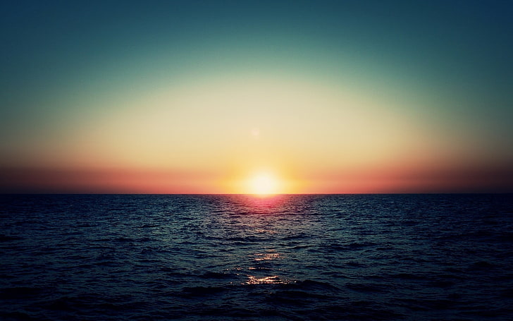 calm body of water, sunset, sea, sunlight, sky, water, nature, HD wallpaper