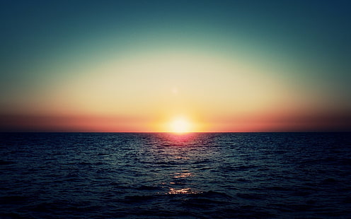 étendue d'eau calme, coucher de soleil, mer, lumière du soleil, ciel, eau, nature, Fond d'écran HD HD wallpaper
