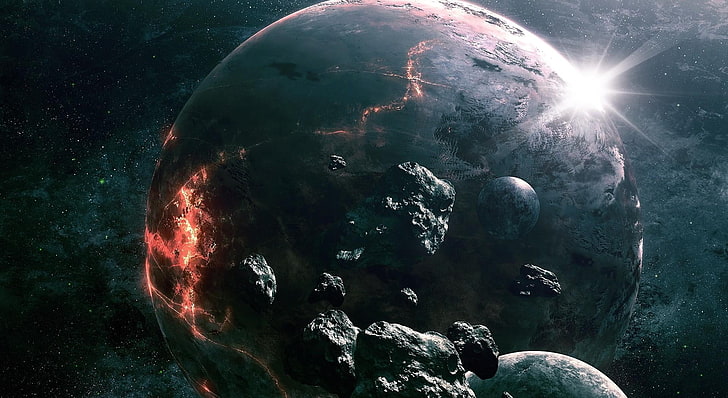 burning planet digital wallpaper, asteroids, planets, collision, light, space, HD wallpaper