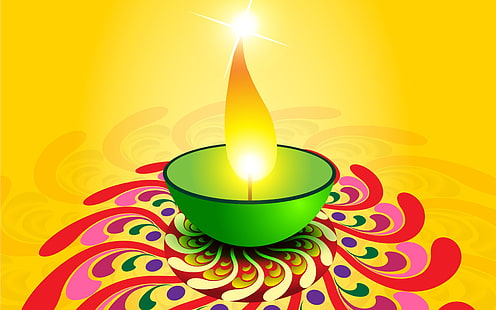 Tarjeta de Diwali, ilustración de lámpara de aceite verde, festivales / vacaciones, Diwali, festival, lámparas de arcilla, Fondo de pantalla HD HD wallpaper
