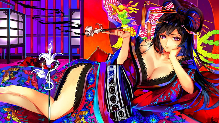 kimono, gadis anime, penuh warna, karakter asli, Wallpaper HD