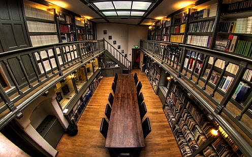 갈색 방, 도서관, 책, 어안 렌즈 안에 직사각형 갈색 나무 회의 테이블의 사진, HD 배경 화면 HD wallpaper