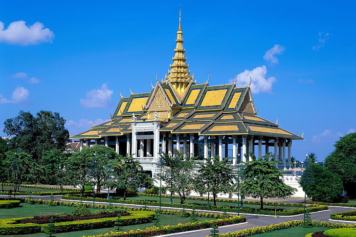 bangunan beton berwarna coklat dan putih, Thailand, Kamboja, Phnom Penh, Istana Kerajaan, Wallpaper HD