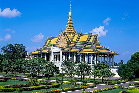 edifício concreto marrom e branco, Tailândia, Camboja, Phnom Penh, palácio real, HD papel de parede HD wallpaper