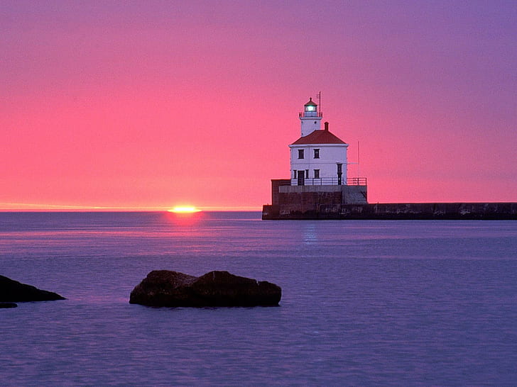 Küste, Leuchtturm, Sonnenuntergang, lila Himmel, Meer, HD-Hintergrundbild