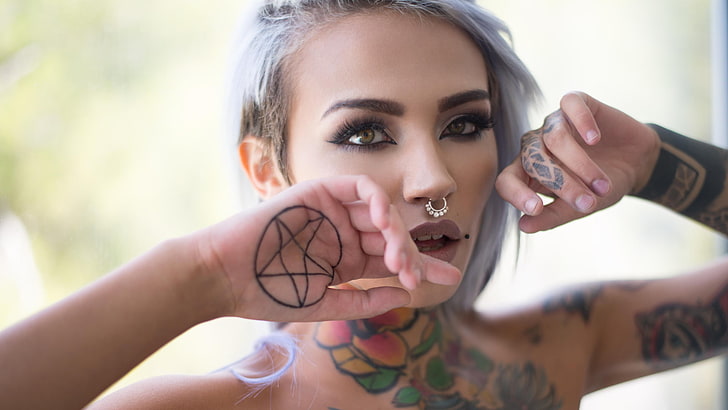Fishball Suicide, violet hair, tattoo, piercing, Suicide Girls, Wallpaper HD