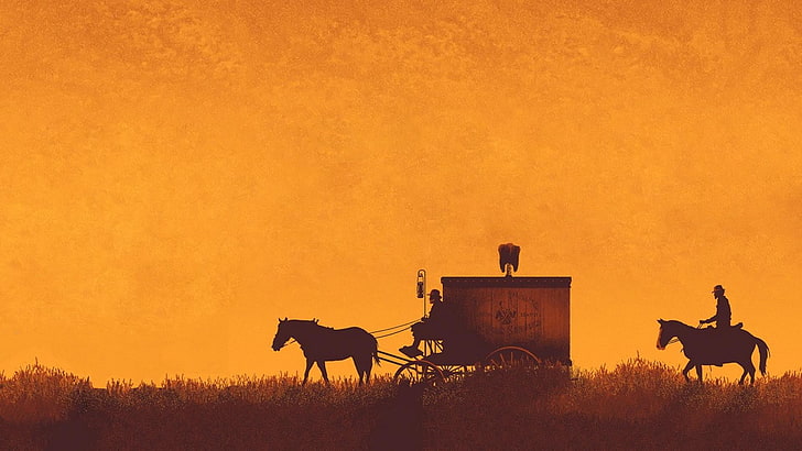 tapeta z bryczką i mężczyzną na koniu, Django Unchained, filmy, Quentin Tarantino, pomarańcza, koń, powóz, Dr.King Schultz, Tapety HD
