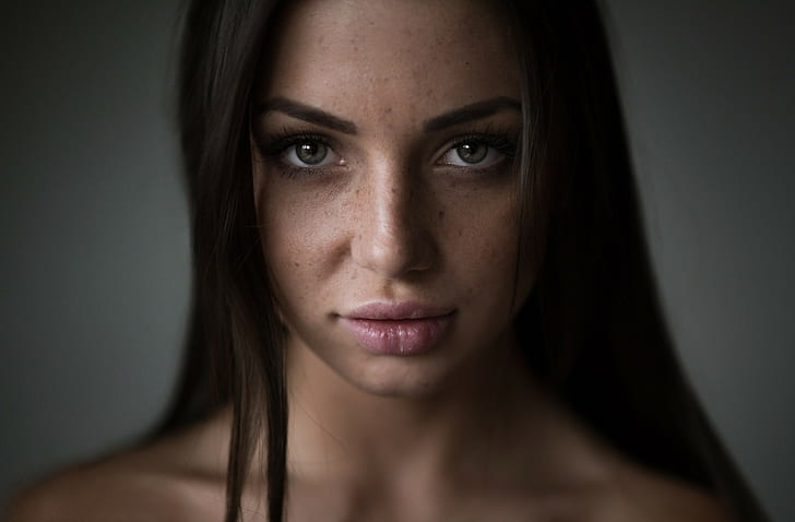 women, face, portrait, simple background, Andrew Phirsov, brunette, freckles, clean skin, HD wallpaper