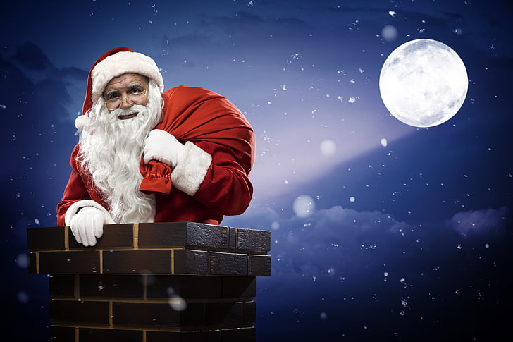 Jultomten kostym, snö, hus, träd, nyår, gåvor, öppen spis, god jul, julgran, fullmåne, jultomten, skorsten, HD tapet
