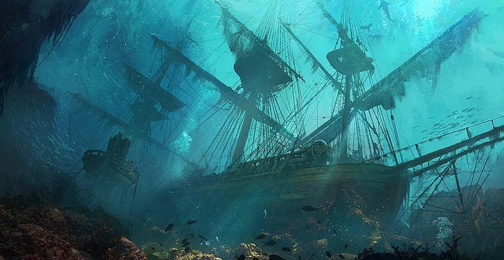 artwork shipwreck underwater, HD wallpaper