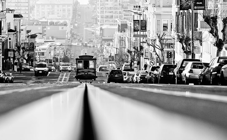 Those Greater San Francisco Days HD Wallpaper, grayscale photo of vehicles, Black and White, California, united states, usa, san francisco, United States of America, nob hill, cable car, HD wallpaper