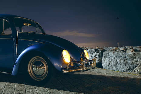 bil, klassisk, strålkastare, natt, fordon, vintage, volkswagen, volkswagen beetle, vw, HD tapet HD wallpaper