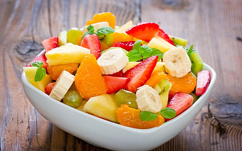 mat, lunch, närbild, färgrik, frukt, bananer, jordgubbar, träytan, sallad, HD tapet HD wallpaper