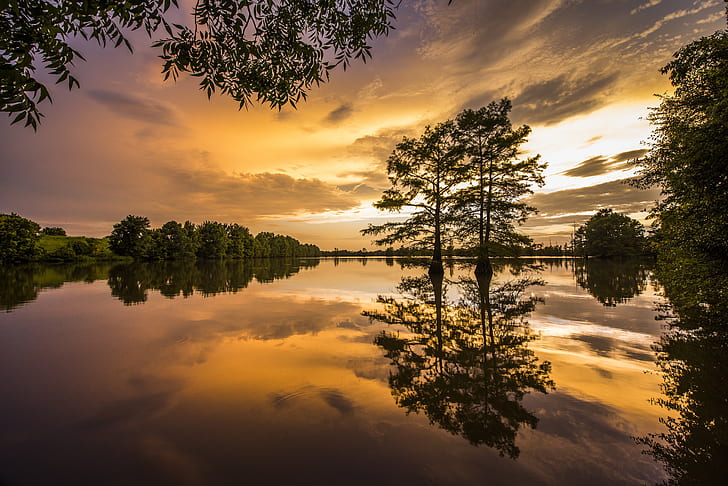 árvores, pôr do sol, reflexão, rio, Arkansas, rio Mississippi, rio Mississippi, delta do Arkansas, delta Arkansas, HD papel de parede