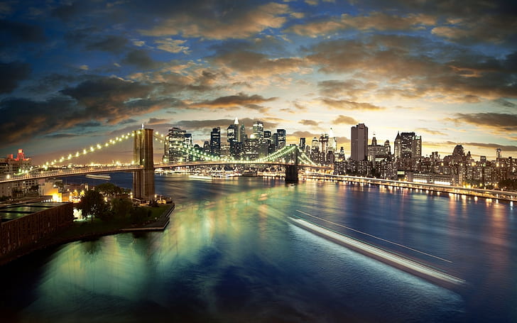 Ponte di Brooklyn, ponte, città, paesaggio urbano, New York City, lunga esposizione, Sfondo HD