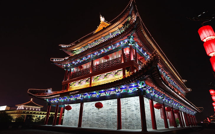 кафяв храм, Пекин, Китай, китайска архитектура, светлини, нощ, HD тапет
