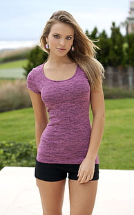 t-shirt scaldacollo rosa riscaldatore da donna, Elisandra Tomacheski, modello, donna, capelli tinti, esposizione verticale, Sfondo HD HD wallpaper