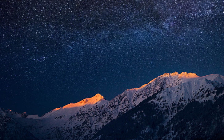 Beautiful night scenery Galaxy HD Wallpaper 16, snowcap mountain and dark sky with stars, HD wallpaper