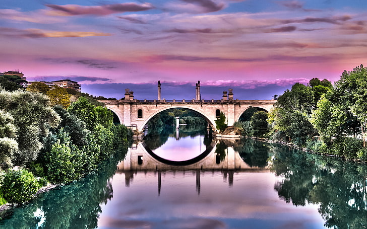 Corso Francia Hdr, af‑sdxvrzoom‑nikkor18‑200mmf/3.5‑5.6gif‑ed, bridges, green, highdynamicrange, italy, nikond300, photography, purple, reflections, romeitaly, sky, sunset, water, HD wallpaper