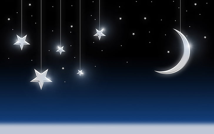 Ciel avec lune et étoiles, étoiles blanches et illustration de croissant de lune, autre`` étoile, bleu, ciel, lune, Fond d'écran HD