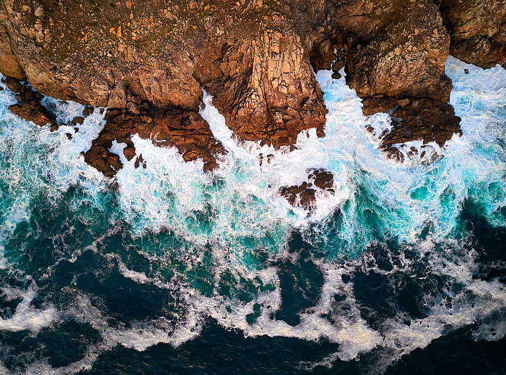 フィニステレ岬、大西洋、ガリシア、スペイン、水の波、自然、ビーチ、オーシャン、ビュー、風景、波、水、岩、大西洋、スペイン、空中、ヨーロッパ、海岸、ケープ、ガリシア、DronePhotography、フィニステレ、 HDデスクトップの壁紙