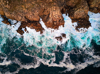 フィニステレ岬、大西洋、ガリシア、スペイン、水の波、自然、ビーチ、オーシャン、ビュー、風景、波、水、岩、大西洋、スペイン、空中、ヨーロッパ、海岸、ケープ、ガリシア、DronePhotography、フィニステレ、 HDデスクトップの壁紙 HD wallpaper