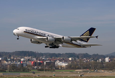 a380, airbus, airbus a380, aircraft, airport, airport zurich, departure, jet, passenger aircraft, prior to, runway, singapore airlines, start, travel, zurich, HD wallpaper HD wallpaper
