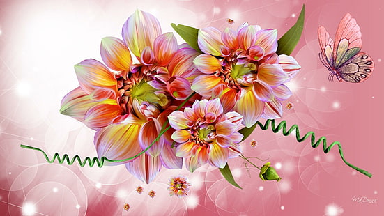 Dahlias Bright, papillon, automne, lumineux, papillon, fleurs, éclat, fleurs, dahlias, éclat, lueur, été, automne, Fond d'écran HD HD wallpaper