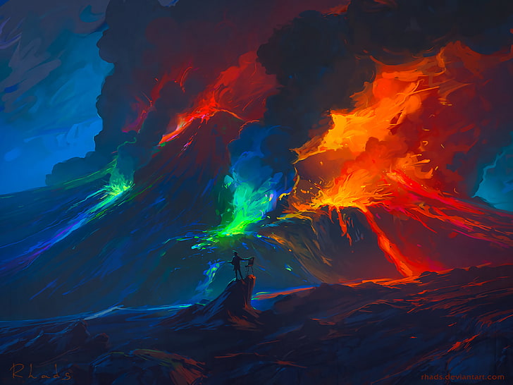 volcano, colorful lava, artwork, Fantasy, HD wallpaper