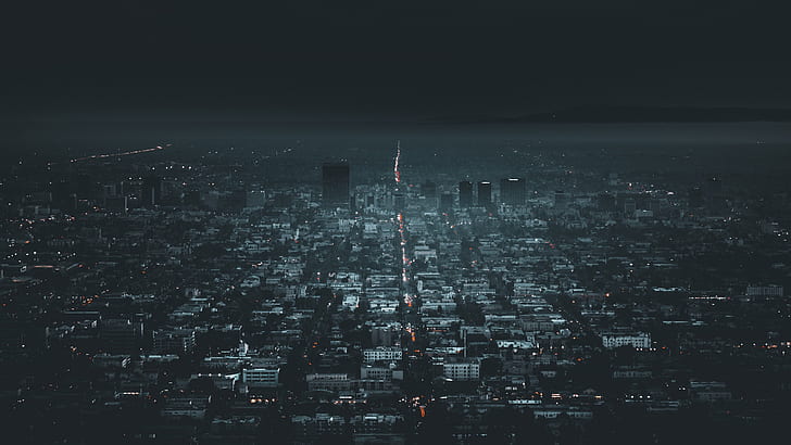 都市、夜、空撮、空撮、ライト、トラフィック、建物、都市の景観、暗い、カリフォルニア、ロサンゼルス、 HDデスクトップの壁紙