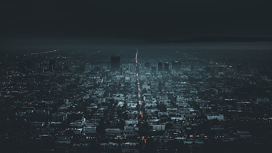 ciudad, noche, aérea, vista aérea, luces, tráfico, edificio, paisaje urbano, oscuro, California, Los Ángeles, Fondo de pantalla HD HD wallpaper