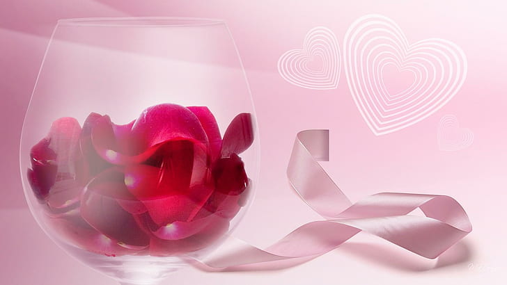 Роза в стакане, персона Firefox, лента, розовый, цветы, день Святого Валентина, сердца, лето, роза, стекло, 3d и аннотация, HD обои