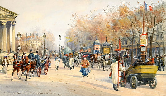 ภาพวาดถนนในเมืองเก่า, ฝรั่งเศส, นาฬิกา, ไฟ, เกวียน, ปารีส, ตู้โชว์, Boulevard, Anna Palm de Rosa, ธงฝรั่งเศส, Boulevard des Capucines, วอลล์เปเปอร์ HD HD wallpaper
