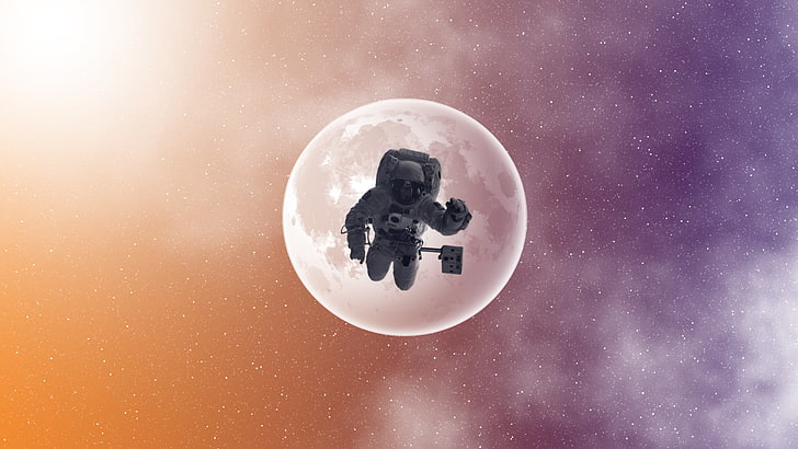 Ilustración de astronauta y luna, espacio, Luna, estrellas, NASA, arte digital, astronauta, Photoshop, gradiente suave, gradiente, colorido, Fondo de pantalla HD