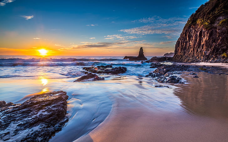 Jones Beach, Kiama Downs, New South Wales, Australia, ทะเล, พระอาทิตย์ขึ้น, การก่อตัวของหินสีน้ำตาล, Jones, Beach, Kiama, Downs, New, South, Wales, Australia, Sea, Sunrise, วอลล์เปเปอร์ HD