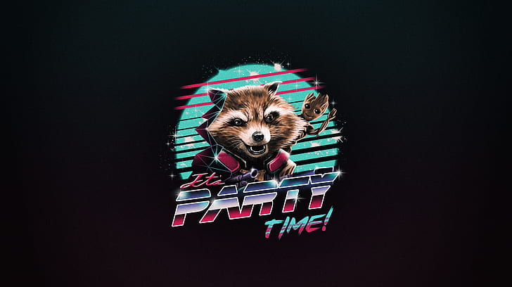 Minimalism, Art, Neon, Rocket, Guardians Of The Galaxy, Groot, 80's, Synth, Retrowave, Synthwave, New Retro Wave, Futuresynth, Sintav, Retrouve, Outrun, by Vincenttrinidad, Vincenttrinidad, by Vincent Trinidad, Vincent Trinidad, It's Party Time, Neo Noir Inspired design of Rocket and Groot!, It's Party Time!, Epic Duo, HD wallpaper