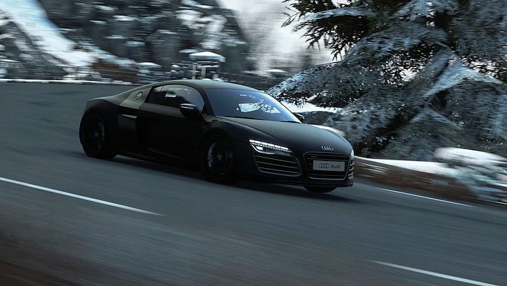 coupé noir, Audi, vitesse, piste, Fond d'écran HD