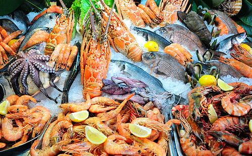 Zitrone, Fisch, Omar, Tintenfisch, Garnelen, Meeresfrüchte, HD-Hintergrundbild HD wallpaper